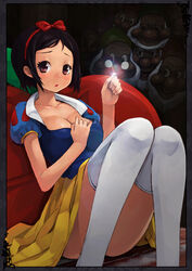  6+boys :o animification bad_id bad_pixiv_id bashful_(disney) beard black_hair breasts brown_eyes cleavage doc_(disney) dopey_(disney) dress facial_hair female glasses grumpy_(snow_white) hairband happy_(disney) hat maeda_risou medium_breasts multiple_boys short_hair sitting sleepy_(disney) smile sneezy_(disney) snow_white_(disney) snow_white_and_the_seven_dwarfs thighhighs white_legwear 