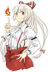  arm_garter commentary_request dress_shirt female fire fujiwara_no_mokou hair_ribbon hand_on_own_hip long_hair michael-x ponytail red_eyes ribbon shirt solo suspenders touhou white_background white_shirt 