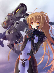  antenna_hair assault_visor bodysuit brown_hair carnelian female fortified_suit gun hair_ribbon holding holding_gun holding_weapon katia_waldheim long_hair mecha mig-21_balalaika_(muv-luv) muv-luv muv-luv_alternative orange_visor photoshop_(medium) pilot_suit ponytail ribbon robot schwarzesmarken science_fiction solo tactical_surface_fighter very_long_hair weapon yellow_eyes 