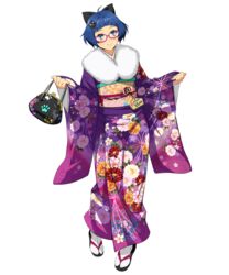  animal_ears bag blue_hair blunt_bangs blush cat_ears cat_hair_ornament female floral_print full_body furisode glasses hair_ornament handbag inui_honoka japanese_clothes kimono long_sleeves obi official_art paw_print red-framed_eyewear round_eyewear sandals sash smile solo super_robot_wars super_robot_wars_x-omega tabi transparent_background watanabe_wataru_(character_designer) wide_sleeves 