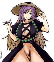  adjusting_clothes adjusting_headwear ajirogasa bead_necklace beads breasts brown_hair closed_mouth commentary_request cowboy_shot female gradient_hair hanemikakko hat hijiri_byakuren huge_breasts jewelry key long_hair looking_at_viewer multicolored_hair necklace prayer_beads puffy_short_sleeves puffy_sleeves purple_eyes purple_hair short_sleeves smile solo touhou 