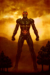  1boy antennae bodysuit clenched_hands commentary_request evening fighting_stance giant kamen_rider kamen_rider_j kamen_rider_j_(movie) katou_yuu looking_at_viewer male_focus md5_mismatch muscular outdoors photoshop_(medium) plant skin_tight solo sunset tree 