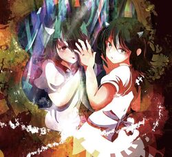  2girls album_cover arrow_(symbol) black_hair bow commentary_request cone_horns cover different_reflection dress dual_persona grey_horns horns jaku_(music_circle) kijin_seija mirror multicolored_hair multiple_girls omin_(risabon) red_eyes red_hair reflection short_hair small_horns smile streaked_hair tongue tongue_out touhou white_hair yellow_eyes 