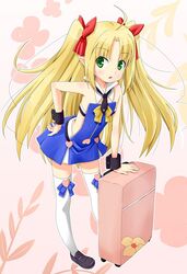  astarotte_ygvar bare_shoulders blonde_hair blush bow commentary_request detached_collar female green_eyes hairbow hand_on_own_hip lolicon long_hair lotte_no_omocha! luggage open_mouth photoshop_(medium) pointy_ears rolling_suitcase solo suitcase thighhighs twintails white_thighhighs wrist_cuffs yoruda 