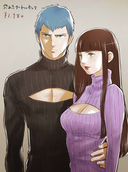  1boy bad_id bad_pixiv_id beige_background blue_hair blunt_bangs breasts brown_hair chirico_cuvie cleavage cleavage_cutout clothing_cutout commentary_request expressionless female fiana fubuki_(fakemonkey0224) hug long_hair long_sleeves looking_afar medium_breasts meme_attire open-chest_sweater photoshop_(medium) ribbed_sweater short_hair simple_background soukou_kihei_votoms striped_clothes striped_sweater sweater turtleneck upper_body very_long_hair yellow_eyes 