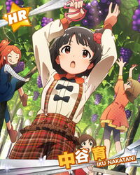  4girls black_hair brown_eyes character_name food fruit grapes hair_ornament idolmaster idolmaster_million_live! kinoshita_hinata multiple_girls nakatani_iku official_art ogami_tamaki open_mouth short_hair solo_focus suou_momoko tint_me_(idolmaster) 