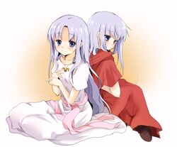  2girls ancient_ys_vanished back-to-back bad_id bad_pixiv_id blue_eyes blush dress feena_(ys) hato_(hb0mugi) light_purple_hair multiple_girls purple_eyes purple_hair reah_(ys) red_dress simple_background sitting white_dress ys 