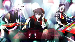  3girls alternate_costume animal_ears bangle black_hair bow bracelet braid chains commentary_request contemporary crescent dj eyepatch grey_hair grin hat headphones highres houraisan_kaguya instrument itocoh jacket jewelry keyboard_(instrument) long_hair multiple_girls music necktie open_mouth playing_instrument purple_hair rabbit_ears red_eyes reisen_udongein_inaba ribbon skirt smile speaker tattoo tongue tongue_out touhou turntable yagokoro_eirin 