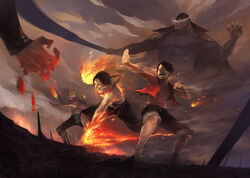  4boys abs bad_id bad_pixiv_id battle black_hair edward_newgate fire group_battle jewelry male_focus manly marco_(one_piece) monkey_d._luffy multiple_boys necklace one_piece onisakiyoruka photoshop_(medium) portgas_d._ace sakazuki_(akainu) scar shorts tattoo war 