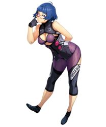  adjusting_eyewear arm_behind_back black_gloves blue_eyes blue_hair bodysuit breasts cleavage dorsiflexion female full_body glasses gloves hand_on_own_face inui_honoka looking_at_viewer medium_breasts official_art parted_lips red-framed_eyewear short_hair solo super_robot_wars super_robot_wars_x-omega transparent_background watanabe_wataru_(character_designer) 