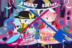  2girls blue_eyes bow cake commentary_request eyeball food fork green_eyes green_skirt grey_hair hairband hat hat_ribbon heart komeiji_koishi komeiji_satori multiple_girls omin_(risabon) one_eye_closed pink_hair ribbon short_hair siblings sisters skirt smile spoon third_eye touhou 