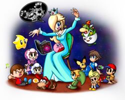  2girls 6+boys :d animal_crossing backpack bag blonde_hair blue_dress book bowser bowser_jr. brown_hair chair cowgirl_position crown diddy_kong donkey_kong_(series) donkey_kong_country dress earrings floating frown hair_over_one_eye happy hat ice_climber jewelry junior_clown_car kirby kirby_(series) link lolicon lucas_(mother_3) luma_(mario) mario_(series) mecha-drago mega_man_(character) mega_man_(classic) mega_man_(series) monkey mother_(game) mother_2 mother_3 multiple_boys multiple_girls musical_note nana_(ice_climber) neckerchief neogandwatch ness_(mother_2) oerba_yun_fang open_mouth pichu pokemon pokemon_(creature) popo_(ice_climber) rosalina sitting sitting_on_lap sitting_on_person sleeping smile solid_oval_eyes spoken_zzz star_(symbol) sulking super_mario_galaxy super_smash_bros. the_legend_of_zelda toon_link turtle villager_(animal_crossing) zzz 