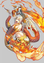  bangle blonde_hair blue_eyes bow bracelet chelonia choker commentary_request criss-cross_halter crown dual_wielding echidna_(p&amp;d) female fire halterneck holding jewelry lamia long_hair midriff monster_girl navel photoshop_(medium) ponytail puzzle_&amp;_dragons ribbon solo sword tail tail_ornament tail_ribbon weapon 