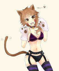  animal_ears breasts brown_eyes brown_hair cat_ears cat_tail choker cleavage fairy_tail female large_breasts millianna open_mouth sideboob solo striped striped_legwear tail tattoo 