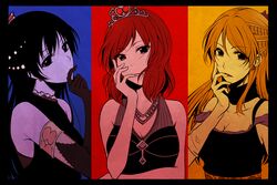  3girls ayase_eli black_dress black_eyes black_hair blonde_hair blue_background commentary_request dress earrings elbow_gloves gloves hair_ornament hands jewelry love_live! love_live!_school_idol_project multicolored_background multiple_girls nishikino_maki red_background red_hair shin_(tanaka92) soldier_game sonoda_umi yellow_background 