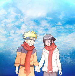  1boy aged_down bad_id bad_pixiv_id black_hair blonde_hair closed_eyes couple female forehead_protector grin holding_hands hyuuga_hinata interlocked_fingers mii_(0726miya) naruto:_the_last naruto_(series) purple_eyes scarf short_hair smile straight uzumaki_naruto 