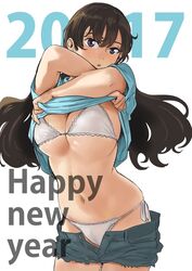  2017 bra breasts brown_hair cameltoe cleavage clothes_lift clothes_pull commentary_request cowboy_shot cutoffs denim denim_shorts female flipped_hair happy_new_year highres large_breasts leaning_forward long_hair looking_at_viewer navel nekoi_mie new_year open_fly original panties pants pants_pull purple_eyes shirt_lift short_shorts shorts side-tie_panties simple_background solo string_panties underboob underwear white_background white_bra white_panties 