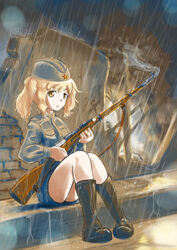  absurdres blonde_hair bolt_action boots cloud commentary_request erica_(naze1940) female garrison_cap gun gun_sling gymnastiorka hammer_and_sickle hat highres long_hair looking_at_viewer military military_uniform mosin-nagant original photoshop_(medium) ponytail rain red_star rifle ruins sitting skirt soldier solo soviet star_(symbol) uniform war weapon world_war_ii yellow_eyes 