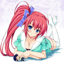  :3 blue_eyes blush breasts cleavage collarbone comic_party commentary_request crossed_legs drooling feet female foreshortening hair_ribbon highres kawase_seiki large_breasts long_hair looking_at_viewer lying no_shoes on_stomach panties pink_panties red_hair ribbon sendou_kazuki side_ponytail smile solo takase_mizuki the_pose thighhighs underwear white_thighhighs 