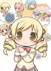  3girls bathing blonde_hair cake chibi commentary_request cup drill_hair food gerotan imagining kaname_madoka kyuubee long_hair mahou_shoujo_madoka_magica mahou_shoujo_madoka_magica_(anime) miki_sayaka mitakihara_school_uniform multiple_girls school_uniform short_hair sleepwear teacup tomoe_mami twin_drills twintails washing_back yellow_eyes 