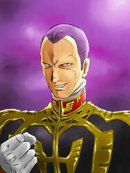  gihren_zabi gloves gradient gradient_background grin gundam gyan_(akenosuisei) military_uniform mobile_suit_gundam purple_hair smile solo uniform upper_body 