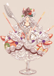  bow braid commentary dress female food food-themed_clothes food_as_clothes food_on_head fork fruit highres ice_cream kiwi_(fruit) long_hair mini_person minigirl object_on_head original parfait personification photoshop_(medium) pocky solo strawberry strawberry_pocky tanukiudon-umai twin_braids white_eyes white_hair 