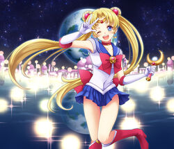  ;d back_bow bishoujo_senshi_sailor_moon bishoujo_senshi_sailor_moon_(first_season) blonde_hair blue_eyes blue_sailor_collar blue_skirt boots bow brooch castle choker commentary_request covered_navel double_bun earrings earth_(planet) elbow_gloves female gloves hair_bun hair_ornament hairpin holding holding_wand jewelry knee_boots long_hair maboroshi_no_ginzuishou magical_girl mitsucho moon_stick_(sailor_moon) one_eye_closed open_mouth photoshop_(medium) planet pleated_skirt red_bow red_choker ribbon sailor_collar sailor_moon sailor_senshi_uniform skirt smile solo transformation_brooch_(sailor_moon) tsukino_usagi twintails v wand white_gloves 