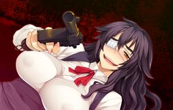  black_hair blush breasts denkishowgun eyepatch female game_cg gun highres holding kyonyuu_himekishi_gaiden:_chijoku_no_battle_colosseum large_breasts long_hair looking_at_viewer open_mouth pointing simple_background solo upper_body weapon yellow_eyes 