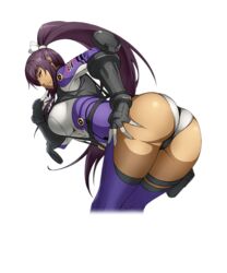  amanomiya_ayame ass bent_over bodysuit cropped_legs dark-skinned_female dark_skin female gloves hand_on_own_hip high_ponytail long_hair looking_at_viewer official_art parted_lips purple_hair solo super_robot_wars super_robot_wars_x-omega transparent_background watanabe_wataru_(character_designer) 