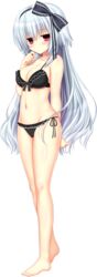  absurdres arm_behind_back barefoot bikini black_bikini blush bow bow_bikini breasts female frilled_bikini frills full_body groin hairband hairbow highres jitome large_breasts long_hair narumi_toa navel official_art red_eyes solo standing swimsuit transparent_background utsunomiya_tsumire wagamama_high_spec white_hair 