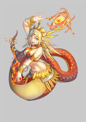  bangle blonde_hair blue_eyes bow bracelet chelonia choker commentary_request criss-cross_halter crown echidna_(p&amp;d) female fire halterneck jewelry lamia long_hair midriff monster_girl navel open_mouth photoshop_(medium) puzzle_&amp;_dragons ribbon solo tail tail_ornament tail_ribbon 