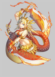  bangle blonde_hair blue_eyes bow bracelet chelonia choker commentary_request criss-cross_halter crown dual_wielding echidna_(p&amp;d) female fire halterneck holding jewelry lamia long_hair midriff monster_girl navel photoshop_(medium) puzzle_&amp;_dragons ribbon solo sword tail tail_ornament tail_ribbon weapon 