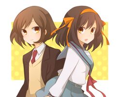  2girls blue_sailor_collar blue_skirt brown_eyes brown_hair closed_mouth commentary_request cowboy_shot from_side hair_ribbon hairband kinokosuke kita_high_school_uniform long_sleeves looking_at_viewer looking_to_the_side multiple_girls neck_ribbon necktie open_mouth orange_hairband orange_ribbon red_necktie red_ribbon ribbon sailor_collar sasaki_(suzumiya_haruhi) school_uniform serafuku short_hair skirt suzumiya_haruhi suzumiya_haruhi_no_yuuutsu winter_uniform yellow_background 