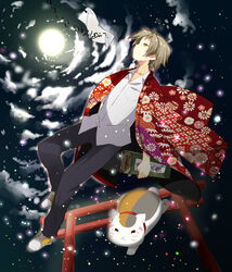  1boy animal bad_id bad_pixiv_id brown_hair feline floral_print full_moon haori japanese_clothes light_particles male_focus moon natsume_takashi natsume_yuujinchou nyanko-sensei ofuda pun2 torii yellow_eyes 