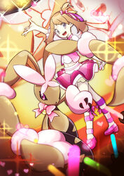  animal_nose bad_id bad_pixiv_id black_sclera blue_eyes bow bracelet brown_fur brown_hair colored_sclera commentary_request female hair_ribbon hairbow heart idol jam8686 jewelry looking_at_viewer lopunny may_(pokemon) mega_lopunny mega_pokemon midriff open_mouth pink_skirt pokemon pokemon_(creature) pokemon_oras ribbon short_sleeves skirt sparkle stage 