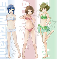  1boy 2girls akizuki_ryo aqua_sarong arm_grab arms_behind_back bad_id bad_pixiv_id bandeau barefoot bikini crossdressing dearly_stars_(idolmaster) front-tie_top green_bikini hand_on_own_hip hidaka_ai highres idolmaster idolmaster_dearly_stars leg_up mizutani_eri multiple_girls open_mouth otoko_no_ko otsuaki outstretched_arm outstretched_hand sarong short_hair smile strapless swimsuit tube_top 