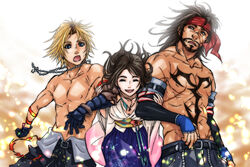  2boys alternate_costume applemac bandana belt blonde_hair blue_eyes brown_eyes brown_hair chest_tattoo closed_eyes commentary_request dissidia_012_final_fantasy dissidia_final_fantasy downblouse earrings facial_hair father_and_son female final_fantasy final_fantasy_x gloves hakama hakama_skirt headband highres japanese_clothes jecht jewelry multiple_boys muscular navel necklace open_mouth photoshop_(medium) purple_hakama scar skirt smile tattoo tidus topless_male wide_sleeves yuna_(ff10) 