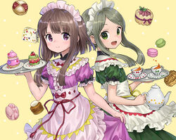  2girls alternate_costume ama-tou apron blunt_bangs brown_hair closed_mouth commentary_request cookie cup dress enmaided food foxfactory frilled_apron frills fruit green_dress green_eyes green_hair hand_up holding looking_at_viewer macaron maid maid_headdress multiple_girls nishida_satono open_mouth parted_bangs pink_dress purple_eyes saucer short_hair_with_long_locks short_sleeves simple_background smile strawberry tea teacup teapot teireida_mai touhou tray waist_apron yellow_eyes 