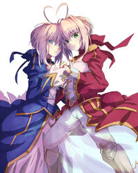  2girls ahoge armor artoria_pendragon_(fate) bad_id bad_pixiv_id blonde_hair blue_eyes dress fate/extra fate/stay_night fate_(series) greaves green_eyes hair_intakes hair_ribbon heart_ahoge_duo holding_hands interlocked_fingers multiple_girls nero_claudius_(fate) nero_claudius_(fate/extra) ribbon saber_(fate) see-through symmetry yude 