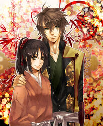  1boy arm_around_neck bad_id bad_pixiv_id brown_eyes brown_hair cherry_blossoms female floral_background green_eyes hakuouki_shinsengumi_kitan japanese_clothes mukashi95 okita_souji_(hakuouki) ponytail smile yukimura_chizuru 