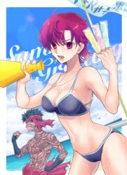  1boy angra_mainyu_(fate) bandana bazett_fraga_mcremitz bikini black_bikini blue_sky breasts cameltoe cleavage cloud collarbone commentary_request dark-skinned_male dark_skin day dutch_angle eating fate/apocrypha fate_(series) female food hand_on_own_hip highres holding ice_cream kassan_(kassan_5a) looking_at_viewer medium_breasts mole mole_under_eye navel open_mouth outdoors red_eyes red_hair short_hair sideboob sky sweat swimsuit tattoo 