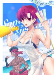  1boy angra_mainyu_(fate) apron bandana bazett_fraga_mcremitz bikini black_bikini blue_sky breasts cleavage cloud collarbone commentary_request dark-skinned_male dark_skin day dutch_angle eating fate/apocrypha fate_(series) female food hand_on_own_hip highres holding ice_cream kassan_(kassan_5a) looking_at_viewer medium_breasts mole mole_under_eye open_mouth outdoors red_eyes red_hair short_hair sideboob sky sweat swimsuit tattoo white_apron 