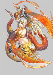  bangle blonde_hair blue_eyes bow bracelet chelonia choker commentary_request criss-cross_halter crown dual_wielding echidna_(p&amp;d) female fire halterneck holding jewelry lamia long_hair midriff monster_girl navel photoshop_(medium) ponytail puzzle_&amp;_dragons ribbon solo sword tail tail_ornament tail_ribbon weapon 