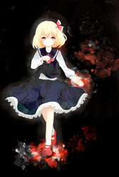  blonde_hair bow commentary_request darkness female hair_ribbon highres omin_(risabon) red_eyes ribbon rumia short_hair skirt solo touhou 