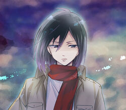  akenoko bad_id bad_pixiv_id black_eyes black_hair female mikasa_ackerman photoshop_(medium) scarf shingeki_no_kyojin short_hair solo 