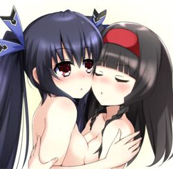  2girls black_hair blue_ribbon blunt_bangs blush braid breast_press breasts closed_eyes commentary_request doria_(p_f_dolia) hair_ornament hair_ribbon hairband highres imminent_kiss k-sha long_hair medium_breasts multiple_girls neptune_(series) noire_(neptunia) nude parted_lips red_eyes red_hairband ribbon shin_jigen_game_neptune_vii simple_background symmetrical_docking twin_braids twintails upper_body yuri 