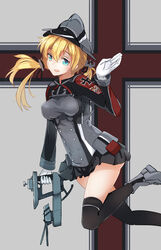  anchor_hair_ornament black_thighhighs blonde_hair blue_eyes breasts cannon commentary cross female gloves gun hair_ornament hat iron_cross jacket kantai_collection long_hair long_sleeves medium_breasts microskirt military military_uniform open_mouth peaked_cap prinz_eugen_(kancolle) skirt smile solo terric thighhighs turret twintails uniform weapon white_gloves 