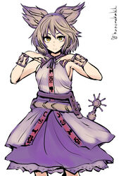  belt bracelet breasts brown_hair commentary_request cowboy_shot earmuffs female hanemikakko jewelry looking_at_viewer medium_breasts pointy_hair purple_skirt shirt short_hair sideboob skirt sleeveless sleeveless_shirt smile solo touhou toyosatomimi_no_miko yellow_eyes 