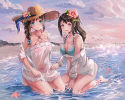  2girls :d aqua_eyes bare_legs bare_shoulders barefoot beach between_legs bikini bird blue_bikini braid breasts brown_hair cherim cleavage cloud collarbone collared_shirt commentary dress evening flower frilled_bikini frills hair_between_eyes hair_flower hair_ornament hair_over_shoulder hand_between_legs hat head_tilt highres kneeling large_breasts lighthouse long_hair multiple_girls o-ring o-ring_top ocean off_shoulder open_clothes open_mouth open_shirt original outdoors partially_submerged pink_bikini red_eyes sand see-through shirt sidelocks single_braid smile sun_hat swimsuit water waves white_dress white_shirt 