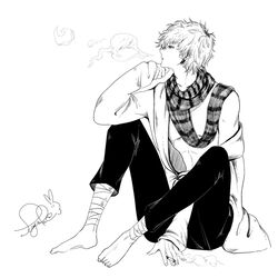  1boy bad_id bad_pixiv_id barefoot black_pants character_request cigarette copyright_request full_body greyscale hand_up looking_to_the_side male_focus monochrome pants para_sitism scarf signature sitting smoke_ring smoking 